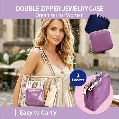 Small Travel Jewelry Case with Earring Box Mini Jewelry Case - color: Purple double-layer