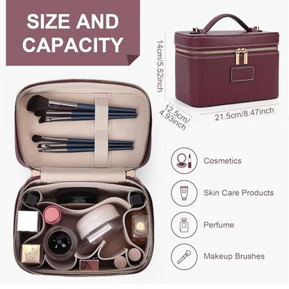 HiTotes Makeup Bag Vanity Case for Women Leather Cosmetic Bag Travel Toiletry Bags Portable Makeup Organizer Case - color: Burgundy