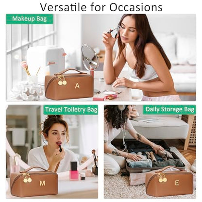 Gifts for Women Bridesmaid Initial Makeup Bag | Personalized PU Leather Cosmetic Waterproof Travel Toiletry Bag (Large-Brown-K) - color: LargeBrown, style: K