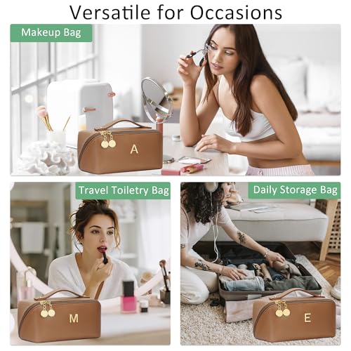 Gifts for Women Bridesmaid Initial Makeup Bag | Personalized PU Leather Cosmetic Waterproof Travel Toiletry Bag (Large-Brown-M) - color: LargeBrown, style: M