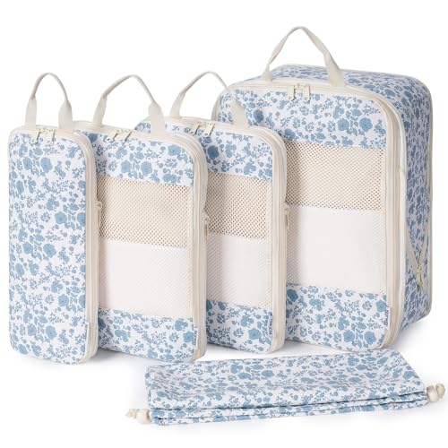 Narwey Compression Packing Cubes for Travel, Cute Luggage Organizer Bags - color: ZZZ-Little Blue Flower