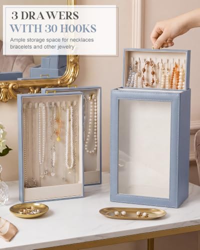 Huquary 3 Layer Vertical Necklace Organizer Box, Foggy Blue - color: Foggy Blue