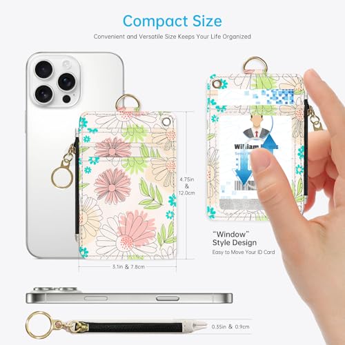 2-in-1 ID Badge Holder & Lanyard Wallet，Cute Zippered Pouch Flowers - color: Flowers