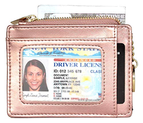 woogwin Slim RFID Credit Card Holder for Women Mini Front Pocket Wallet Purse With Keychain - color: Oil Wax RoseGold