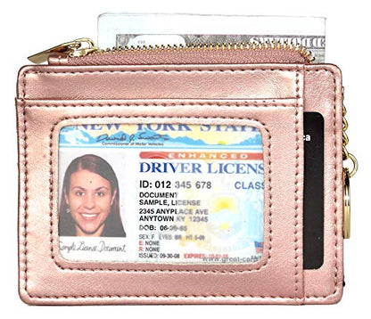 woogwin Slim RFID Credit Card Holder for Women Mini Front Pocket Wallet Purse With Keychain - color: Oil Wax RoseGold