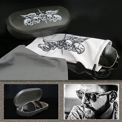 MyEyeglassCase - Large Sunglasses Case - Hard Glasses Case Holder w/Pouch & Cloth - Eyeglass Case Aviator Frames Men & Women - color: Grey Skulls