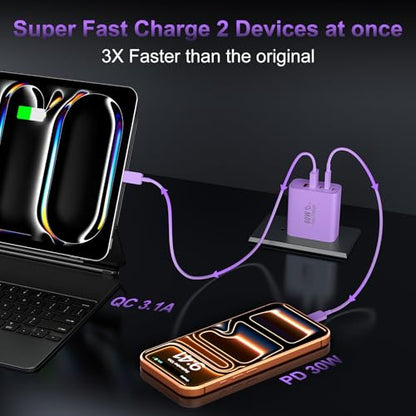USB C 고속 벽 충전기 블록, 60W USBC 충전 큐브 2팩, 5포트 PD+QC 전원 어댑터 멀티포트 브릭 타입 C 박스 플러그 휴대폰 17/16/15/14/13/12/11/프로 맥스/플러스, 패드 미니/프로/S25/S24-퍼플 - color: 퍼플-2팩