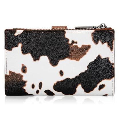 Wrangler Wallet for Women Bifold Card Holder with Zipper and ID Window - color: Cow Print - Brown