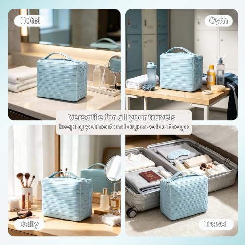 Fold Down Standing Makeup Bag – Large Travel Toiletry Organizer (Blue) - color: Blue