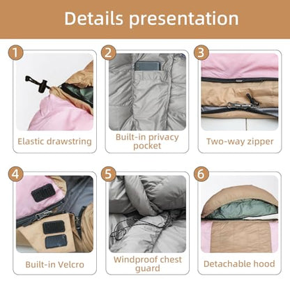 3-in-1 Lightweight Down Sleeping Bag for Adults and Teens | with Detachable Hood,Compact, 20°F 32°F 45°F Rectangular Down Blanket Sleeping Bag,Camping Hiking and Backpacking Outdoor - color: pink 1000g filling