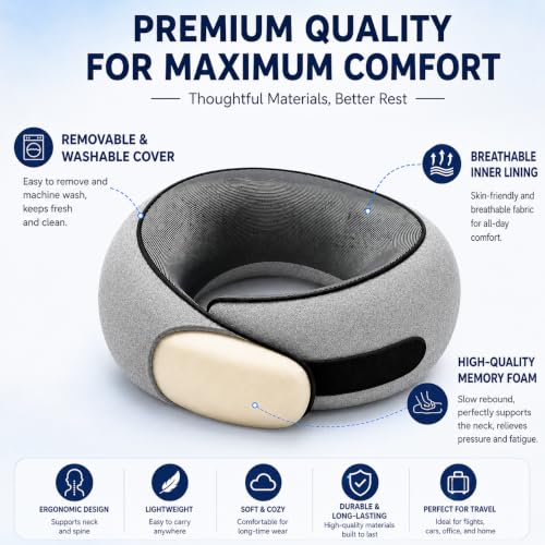2 Pack Travel Neck Pillow Set, Pure Memory Foam Neck Pillow with Eye Mask Earplugs Storage Bag, Breathable 360 Degree Ergonomic Support, Compact Portable Plane Train Travel Essentials