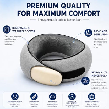 2 Pack Travel Neck Pillow Set, Pure Memory Foam Neck Pillow with Eye Mask Earplugs Storage Bag, Breathable 360 Degree Ergonomic Support, Compact Portable Plane Train Travel Essentials