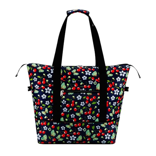 Expandable Duffel Bag for Women with Trolley Sleeve/Wet Pocket Weekender Travel Tote Large Carry On Overnight Luggage - color: Cherry
