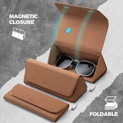 VULKIT Glasses Case, Foldable & Portable Design, Leather Hard Shell Folding Eyeglass Holder for Mens Womens - color: Brown