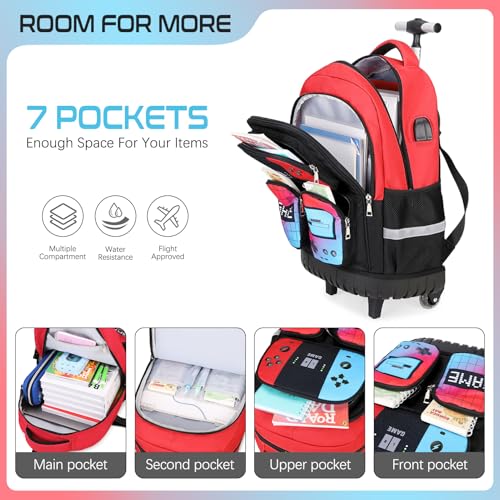 3PCS Gamer Boys Rolling Backpack with Lunch Box & Pencil Pouch (Red Blck) - color: Red Black