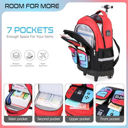 3PCS Gamer Boys Rolling Backpack with Lunch Box & Pencil Pouch (Red Blck) - color: Red Black