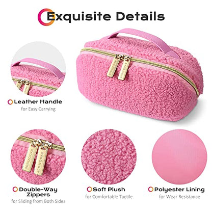 BYOOTIQUE Plush Makeup Bag Open Flat Travel Toiletry Accessories w/Handle - color: Pink, size: S