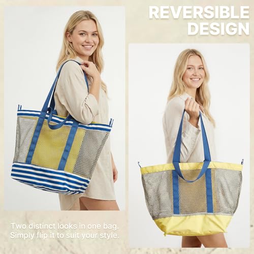 G4Free Extra Large Mesh Beach Bags for Women, Packable Sandproof Pool Bag - color: Blue & Yellow