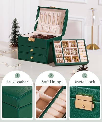 Homde Small Jewelry Box for Girls: 3-Layer Lockable Organizer (Green) - color: Midnight Green