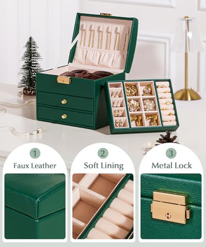 Homde Small Jewelry Box for Girls: 3-Layer Lockable Organizer (Green) - color: Midnight Green