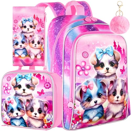 gxtvo 3PCS Girls Dog Bookbag, 16" Kids Backpackwith Lunch Box, Water Resistant School Bag for Elementary Preschool Toddler - color: Uv Printing Dog Backpack