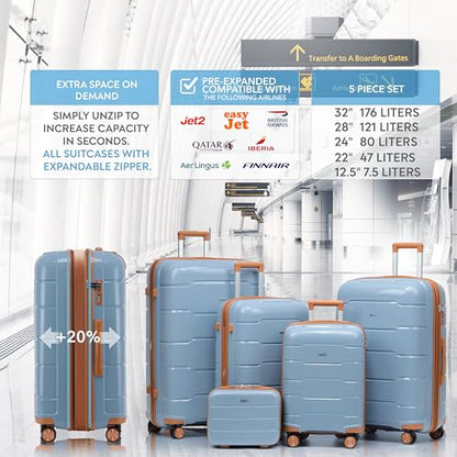 5-Piece Luggage Set Expandable Hardside Polypropylene Suitcase Set with TSA Locks & 8 Silent Spinner Wheels Lightweight Nested Suitcases Travel Set American Airline-Approved Carry-On - Blue/Tan - color: Blue/Tan, size: 5-Piece Set