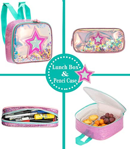 Meetbelify Girls Rolling Backpack Sequin Rolling Backpacks with Wheels for Girls for Elementary School Bag - color: Pink Star