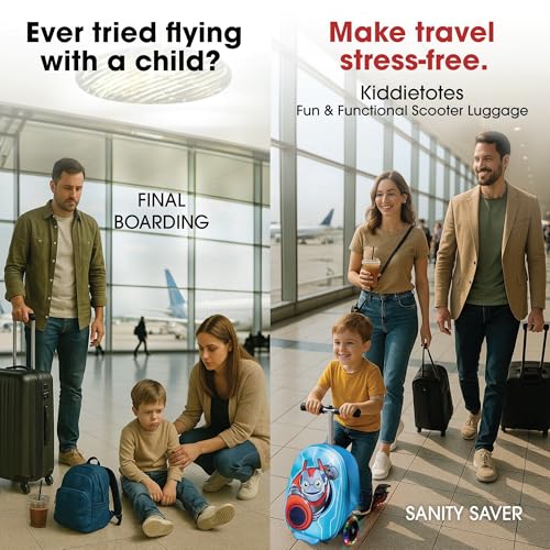 KIDDIETOTES Boys Ride-On Scooter Luggage, Hardside Travel Carry-On Suitcase - style: Superhero Robot