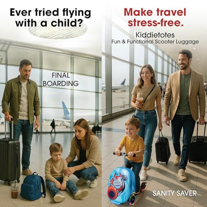 KIDDIETOTES Boys Ride-On Scooter Luggage, Hardside Travel Carry-On Suitcase - style: Superhero Robot