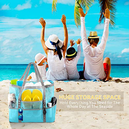 SRISE Mesh Beach Bag - Large Beach Tote Bag for Family Beach Bag for Toys & Vacation Essentials - color: Sky Blue