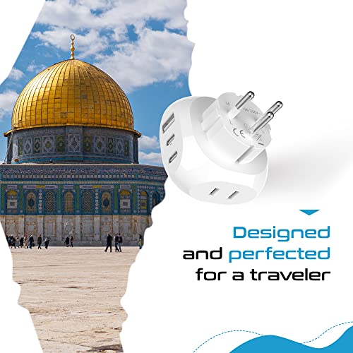 Ceptics Israel, Palestine Travel Plug Adapter - Type H - 5 Input with 20W PD-QC 3.1A Dual USB-C and USB - Light Weight - Perfect for Cell Phones, Laptops, Camera Chargers and More (PTU-14), White - style: Israel-Type H