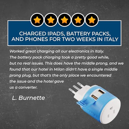 OREI Type L Travel Adapter with Dual USB – Italy, Chile & Uruguay, Blue - style: Type L - Italy