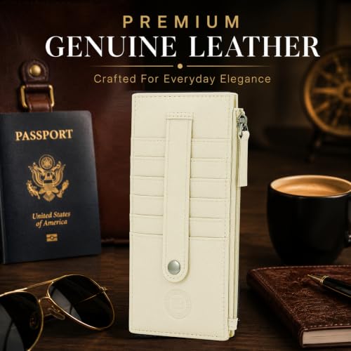 Leatherboss Genuine Leather Women's All in One Credit Business Card Case Holder Slim Zipper Wallet With a Card Protection Strap, Cream - color: Cream