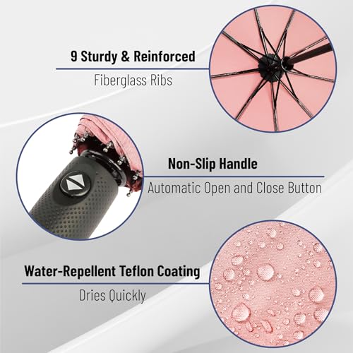 Mr. Pen- Windproof Travel Umbrella, Small Water-Resistant Automatic Folding Umbrella for Rain and Sun, Light, Compact and Portable for Women & Men, Fits Car & Backpack - color: Light Pink