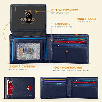 RUNBOX Wallet for Men -Slim Rfid Leather Mens Bifold Novelty Wallets 2 ID Window With Gift Box Men's Accessories - color: Classic blue-new