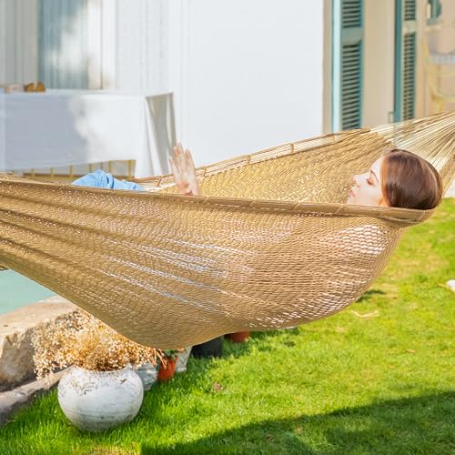 PNAEUT Handwoven Rope Mayan Hammock for Outside, 600 lbs Capacity - color: Tan, size: X-Large