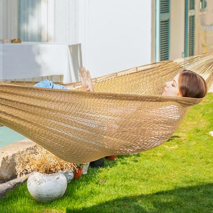 PNAEUT Handwoven Rope Mayan Hammock for Outside, 600 lbs Capacity - color: Tan, size: X-Large