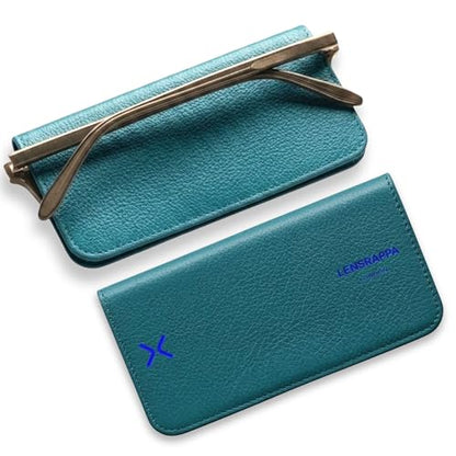 Luxury Slim Leather Glasses Case | Handmade Full-Grain Leather Eyewear Wrap with Magnetic Closure & Gift Box - color: Teal