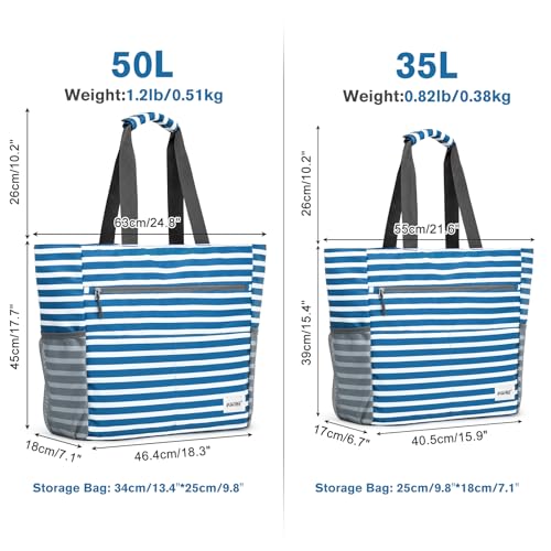G4Free Beach Bag, Waterproof Sandproof Large Capacity Foldable for Women - color: Navy Stripe, size: 50L