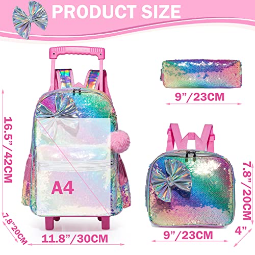 Bowknot Rolling Backpack for Girls Roller Backpacks with Wheels Kids Wheeled Sequin Suitcase Trolley Trip Luggage for Elementary Kindergarten Student with Lunch Box Pencil Case for Kids 5-12 Years Old - color: A Pink Bowknot