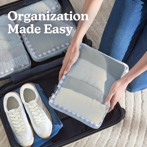 Vandel Compression Packing Cubes for Women, Set with Hanging Toiletry Bag - color: 1. Blue Gingham, size: Deluxe Set (4 Cubes + Toiletry & Laundry Bags)