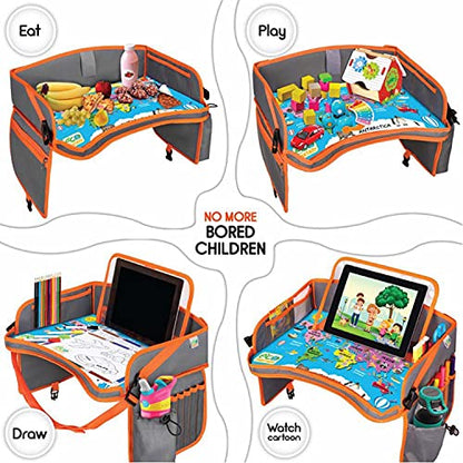 ECOFANTASY Kids Car Seat Travel Tray, Car Table & Lap Desk – Orange - color: ORANGE