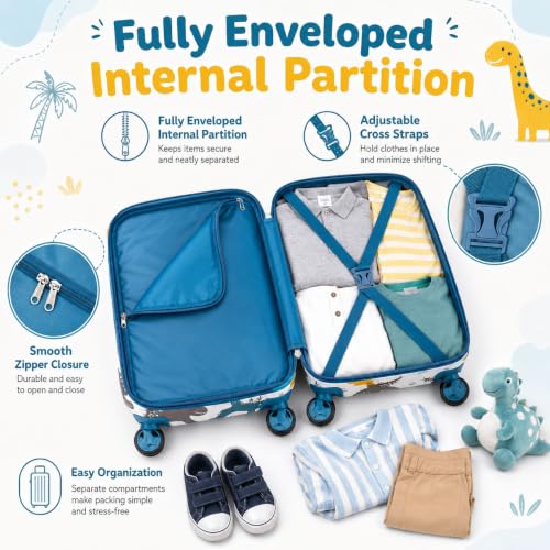 Dinosaur Kids Carry-On Luggage, 2PC Suitcase for Boys, 16" Rolling Set - color: 2PCS Boys White Dinosaur Luggage Set