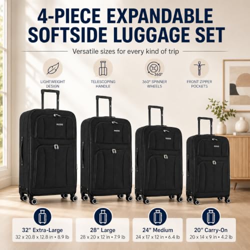 Mirage Grace 4 Piece Expandable Softside Luggage Set, Black - color: Black