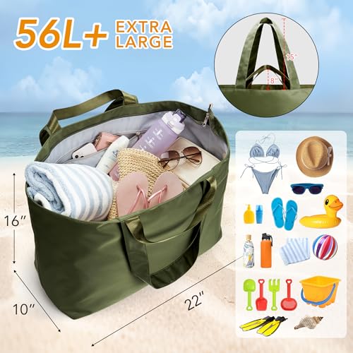 KALIDI 60L Extra Large Beach Tote Oversized Bag Zipper Utility Weekender - color: Olive Green