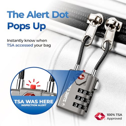 SURE LOCK TSA Approved Luggage Locks with Open Alert Indicator, 3 Digit Combination Cable Travel Lock for Suitcase, Backpack, Gym Locker, Toolbox & Travel Bag(Grey 4 Pack) - color: GREY 4 PACK