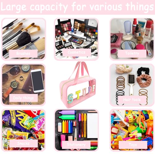 Bunliuys Chenille Letter Clear Makeup Bag Stuff Patch, Travel Toiletry Makeup Bag with Handle, Nylon Waterproof Makeup Bags clear cosmetic bag, preppy patch makeup bag for Women (STUFF-Pink) - color: Pink3