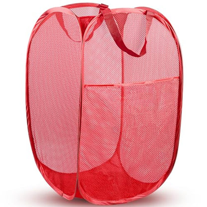 Pop Up Laundry Hamper, 70 L Collapsible Mesh Basket with Side Pocket, Red - color: 1 PCS Red
