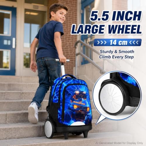 3Pcs Large Rolling Backpack for Boys, 20 Inch Detachable Wheeled Bookbag with Lunch Box, Durable Lightning Truck Roller Backpack for Elementary Middle School (Blue) - color: Large Wheels Truck Blue