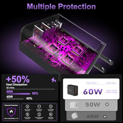 USB C 고속 벽 충전기 블록, 3팩 60W USBC 충전 큐브, 5포트 PD+QC 전원 어댑터 멀티포트 브릭 타입 C 박스 플러그 휴대폰 17/16/15/14/13/12/11/프로 맥스/플러스, 패드 미니/프로/S25/S24-블랙 - color: 블랙-3팩.